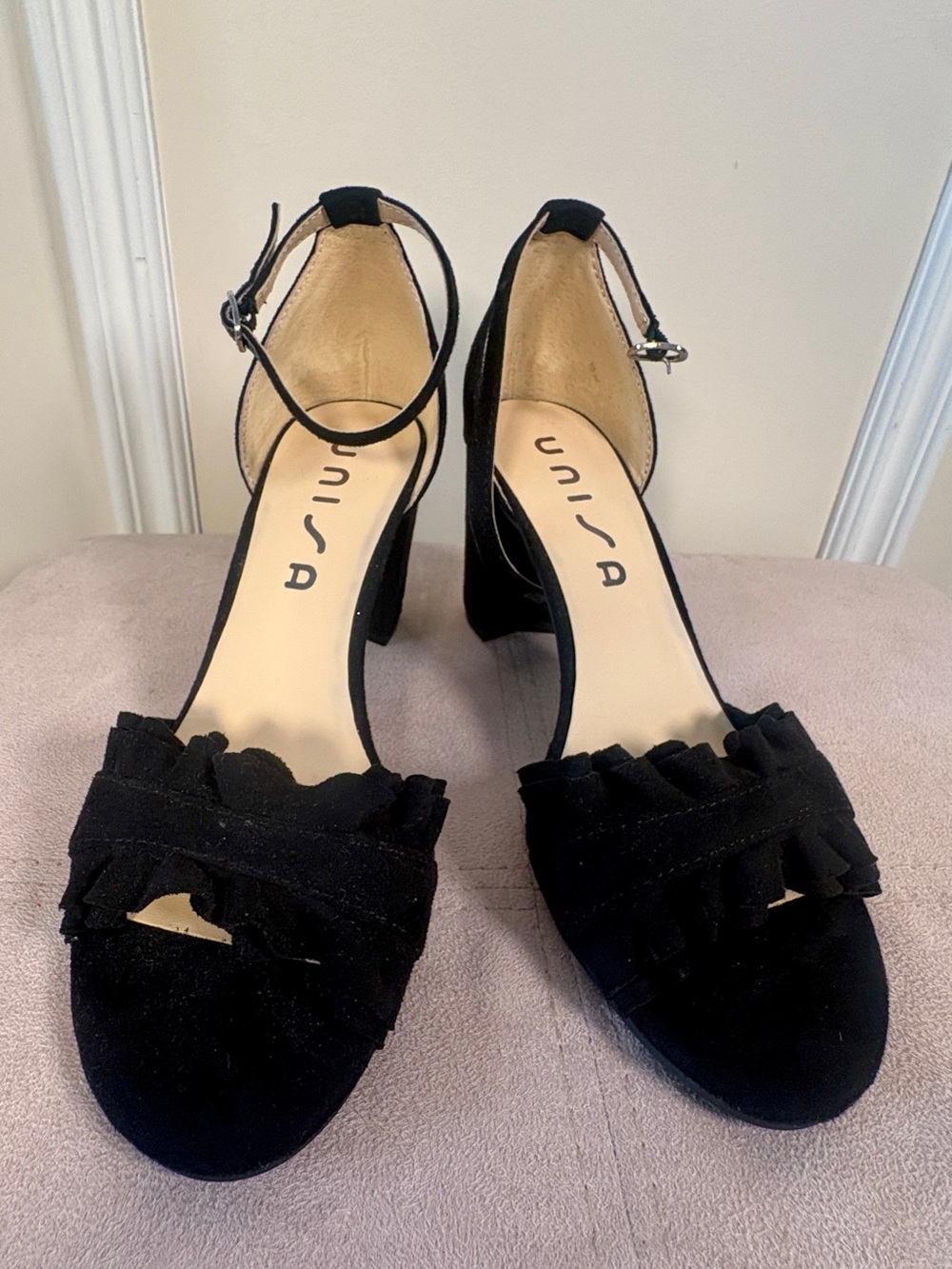 Unisa Black Suede Ruffle Ankle-Strap Block Heels